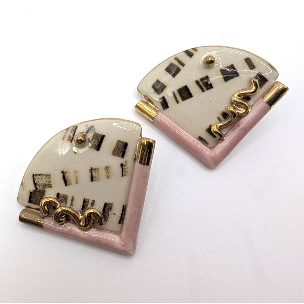 Vintage Porcelain Earrings Pink Brown Gold Geometric 1980s Style